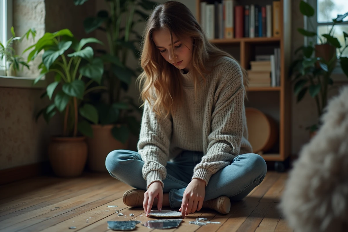 Jeune femme regardant un miroir cassé dans sa chambre