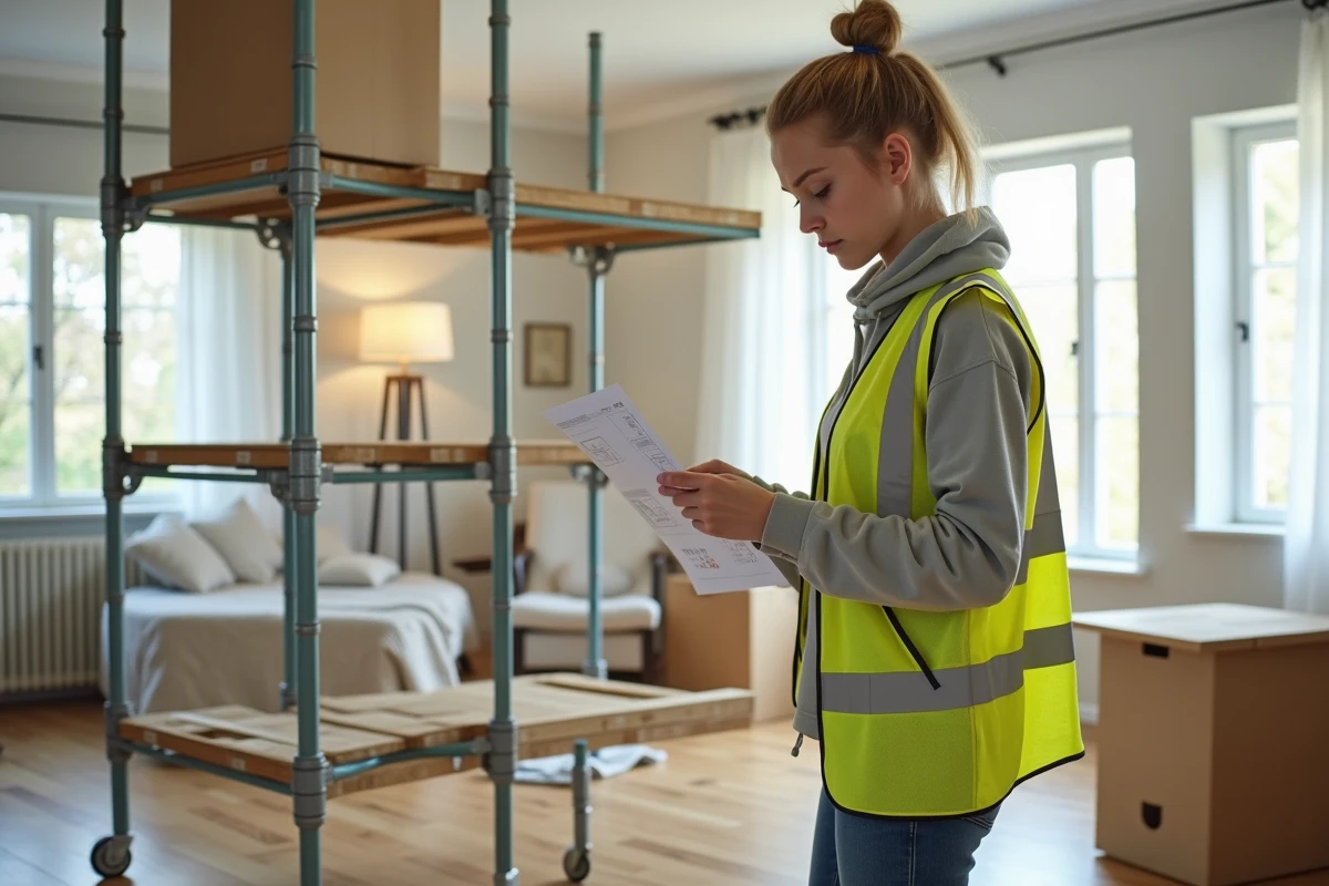 Jeune femme assemble un &eacute;chafaudage dans un salon moderne