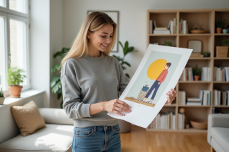 Jeune femme examine un poster d'art coloré dans un salon lumineux