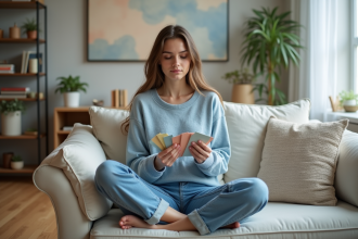 Jeune femme contemplant des échantillons de peinture pastel dans un salon
