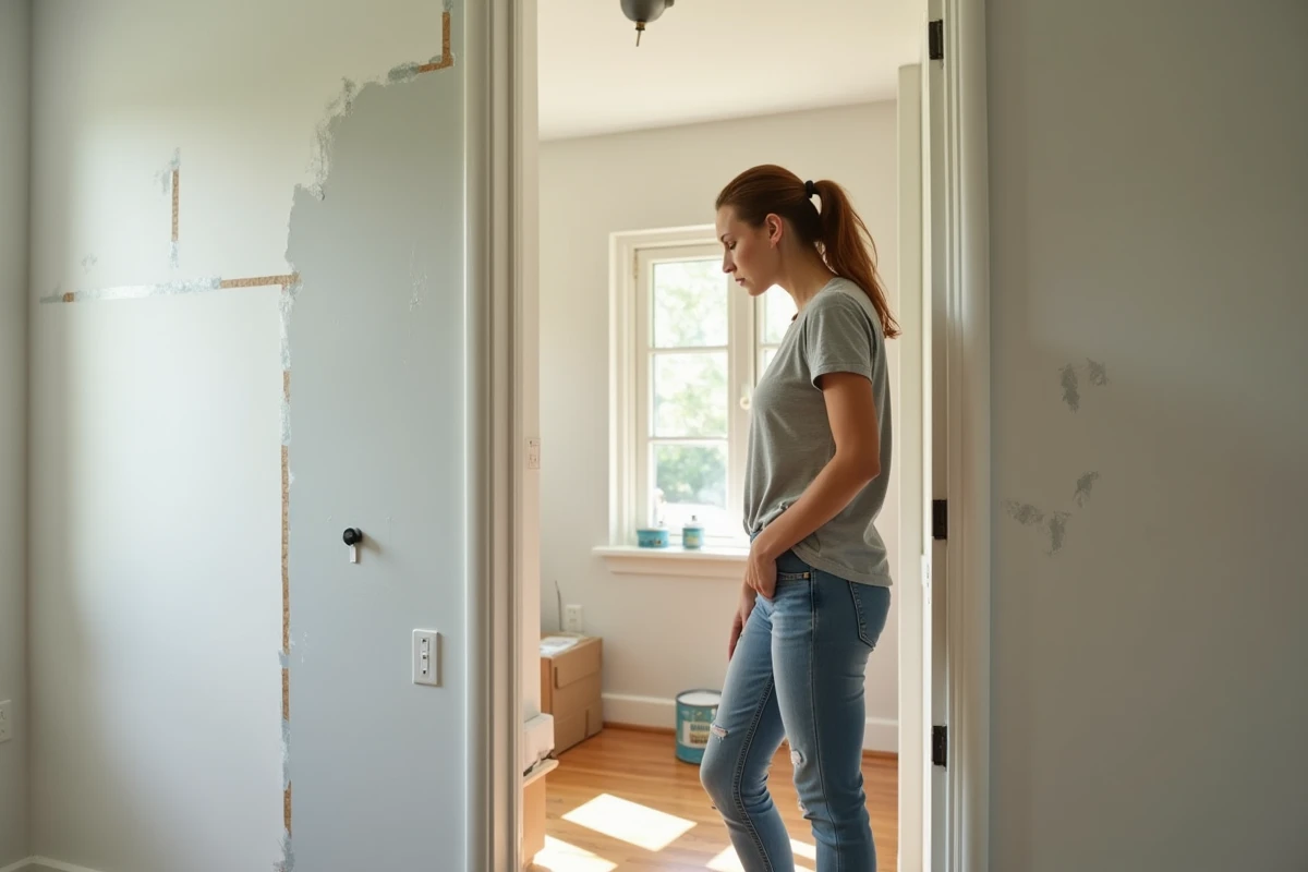 Jeune femme examinant un mur avec des traces de peinture et ruban