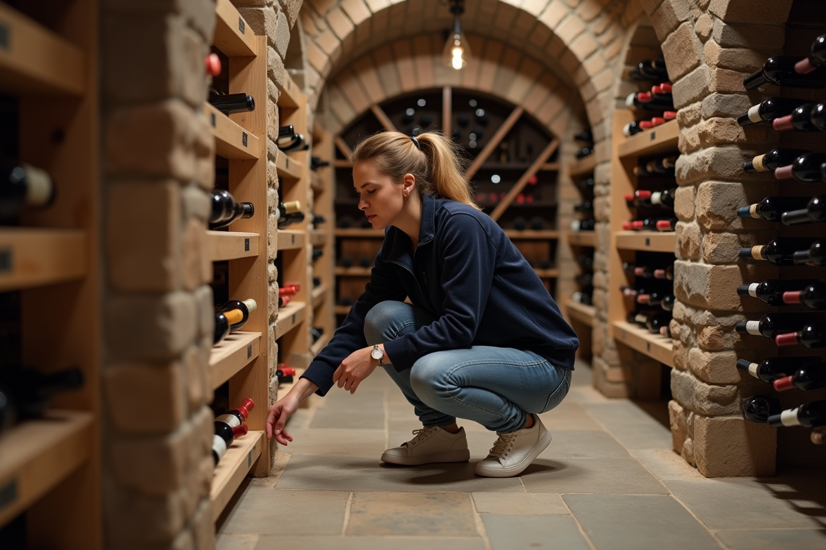 Jeune femme inspectant des racks à vin dans une cave