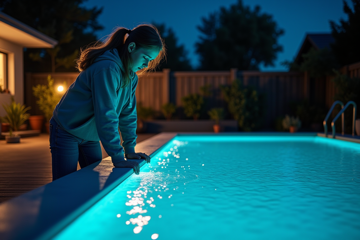 Jeune fille en hoodie couvrant la piscine la nuit