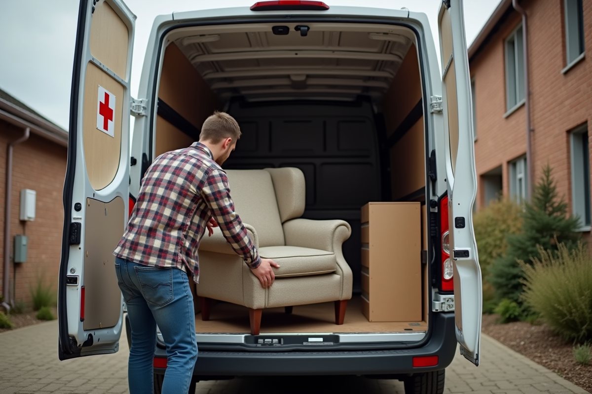 Jeune homme chargeant un fauteuil dans une camionnette