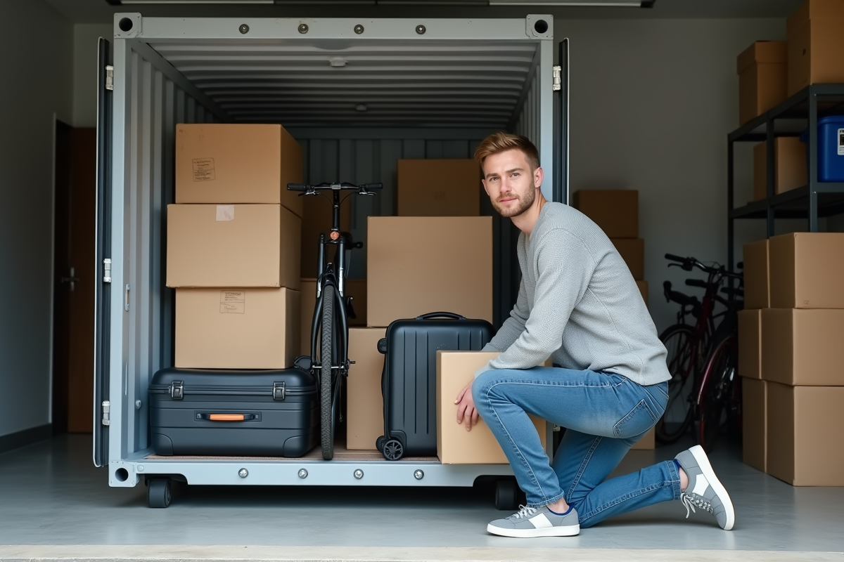 Jeune homme montrant un conteneur de 6m3 dans un garage
