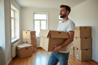 Jeune homme avec boîte dans appartement lumineux