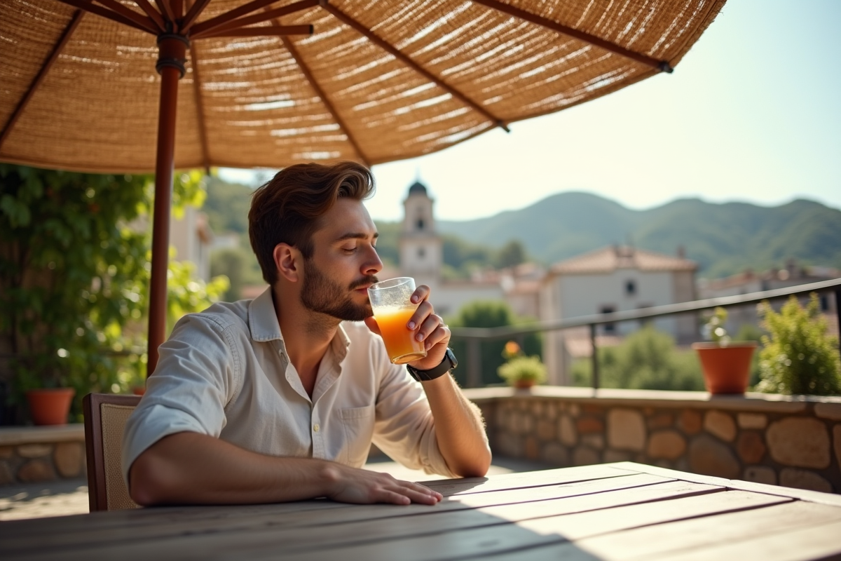 Jeune homme relaxant sous parasol en terrasse en pierre