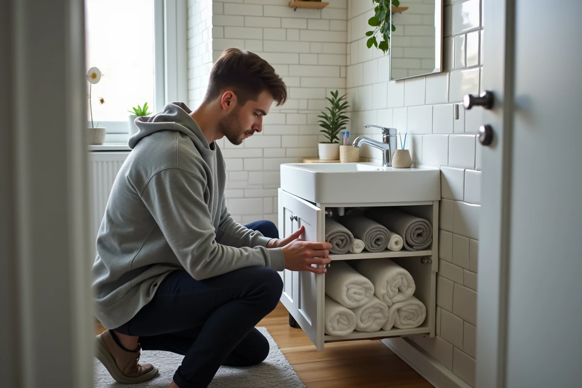 Jeune homme rangeant des serviettes dans un meuble sous lavabo