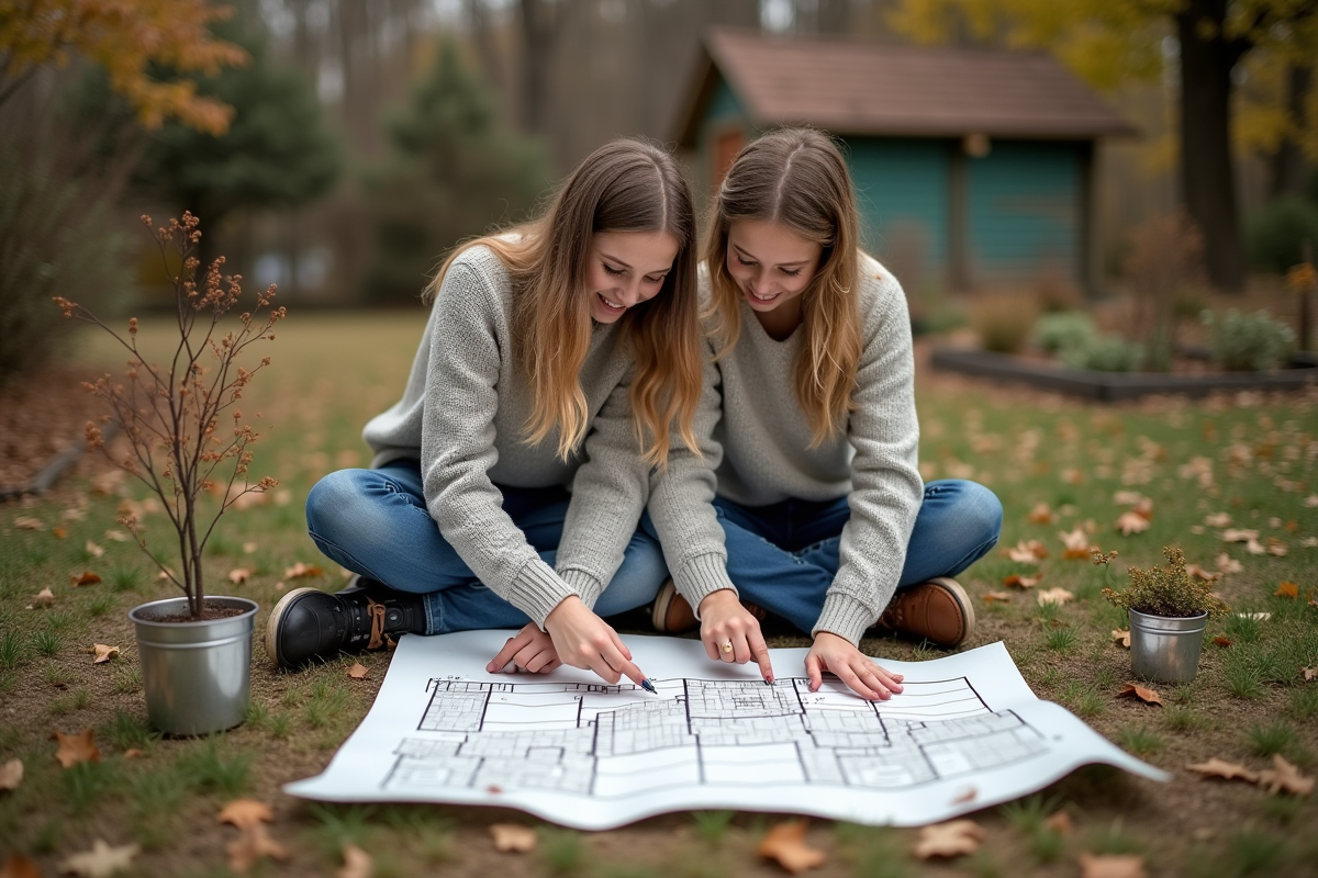 Jeune homme et fille planifiant leur jardin sur papier