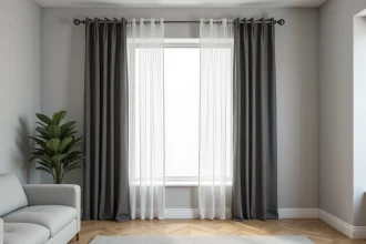 Kit tringle à rideau double avec voilage blanc et rideau occultant gris anthracite montés sur la même fenêtre dans un salon moderne