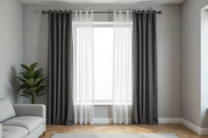 Kit tringle à rideau double avec voilage blanc et rideau occultant gris anthracite montés sur la même fenêtre dans un salon moderne