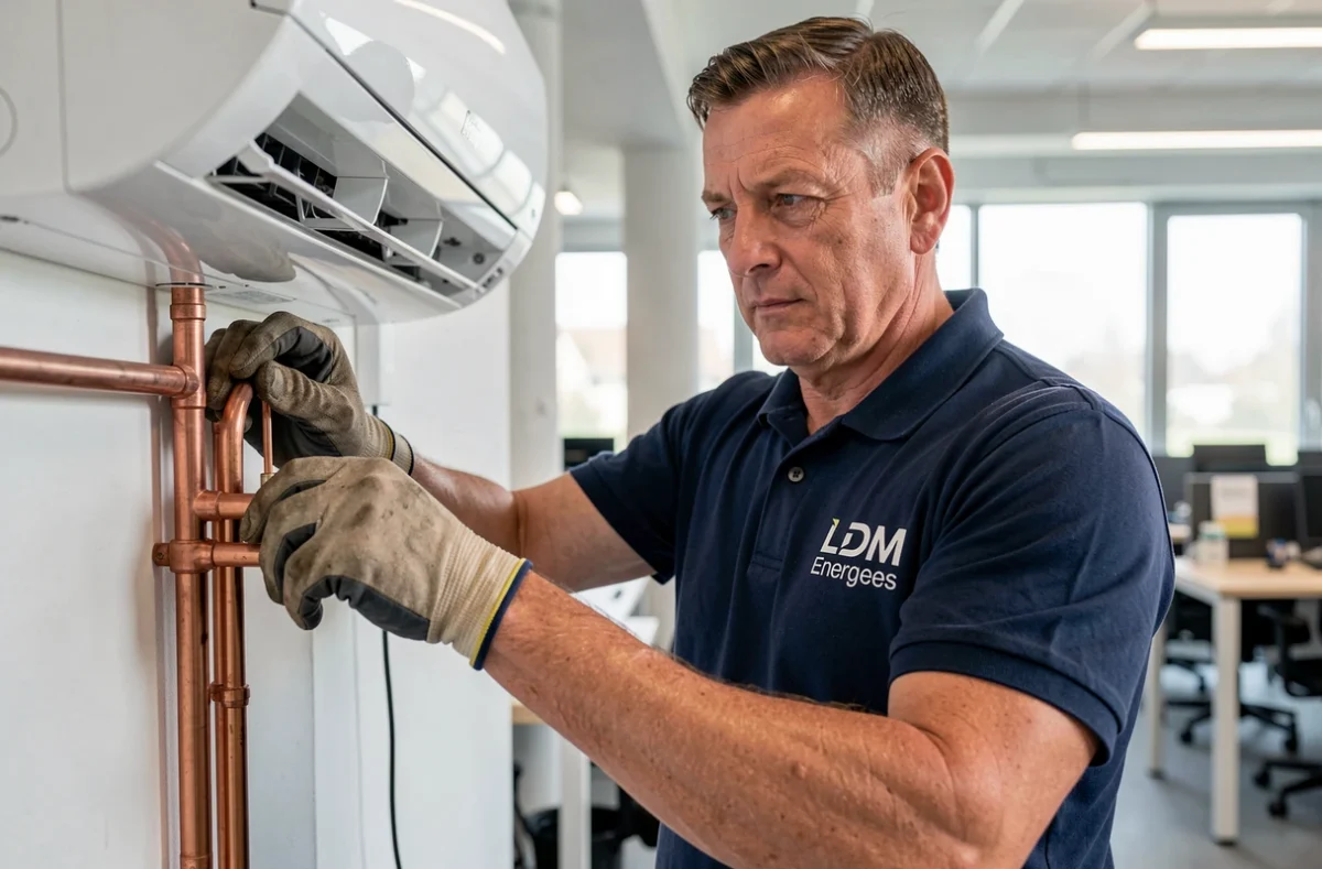 Technicien LDM Energies raccordant les tubes en cuivre d'une climatisation dans un bureau moderne du nord de la France
