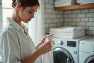 Femme lisant les symboles d'entretien sur l'étiquette d'un vêtement blanc devant une machine à laver