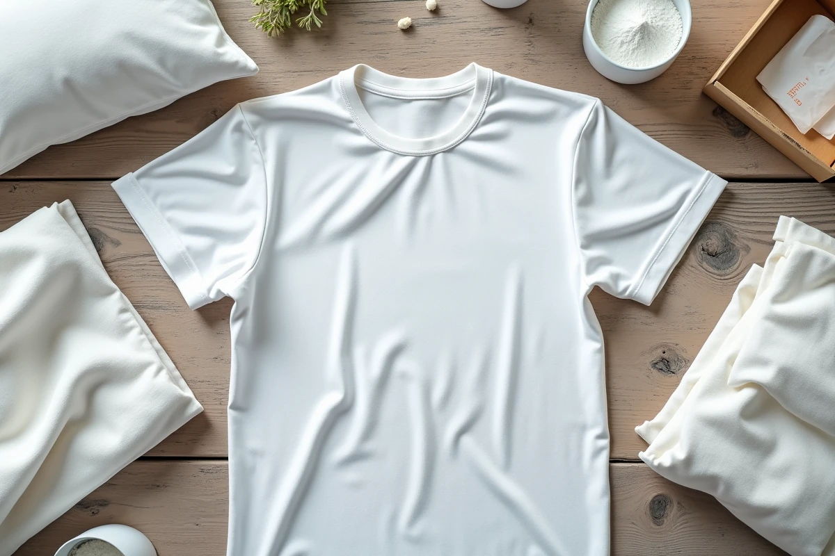 Gros plan de linge blanc grisâtre et jauni étalé sur une table en bois avec produits lessiviers