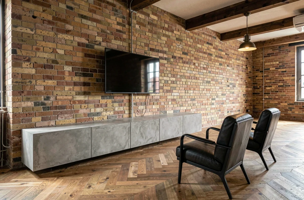 Vue large d'un loft industriel avec parquet en chevrons, mur de briques et meuble TV bas en placo effet béton