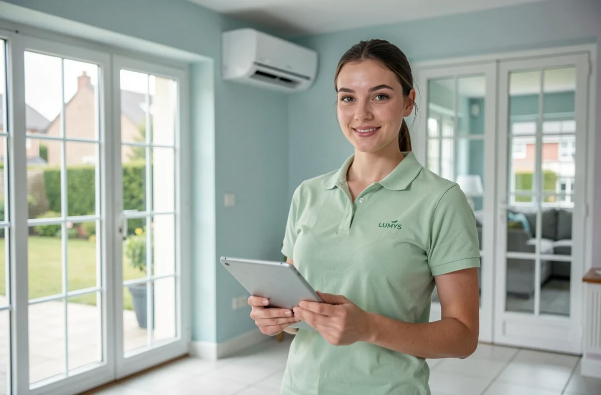 Conseillère LUMYS présentant une climatisation installée dans une maison pavillonnaire française