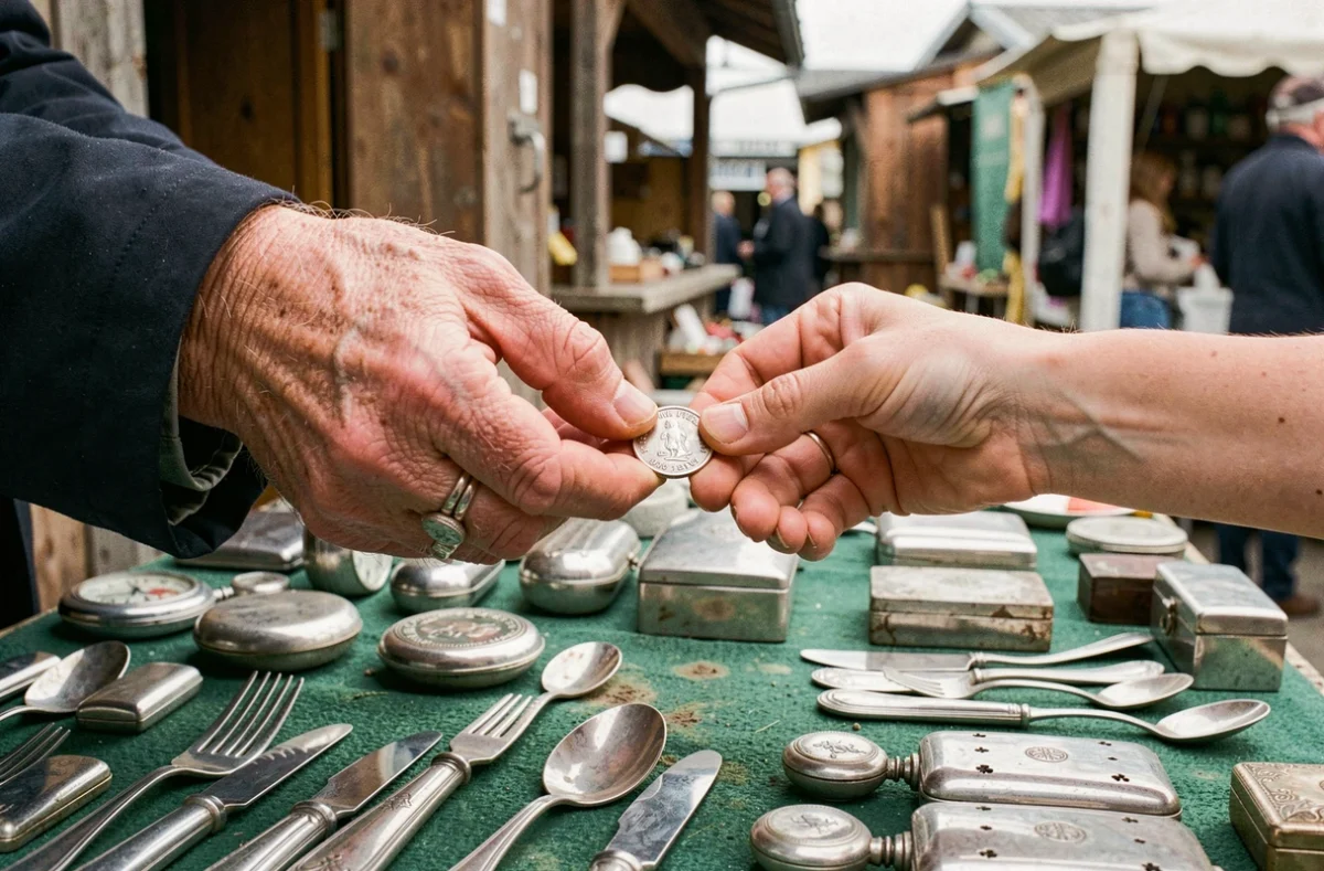 Échange d'une pièce en argent poinçonnée entre vendeur et acheteur sur un marché aux puces