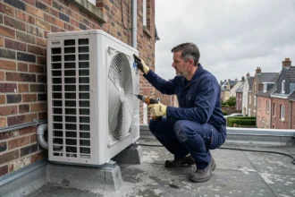 Installateur de climatisation professionnel inspectant une unité extérieure sur un toit dans le Pas-de-Calais