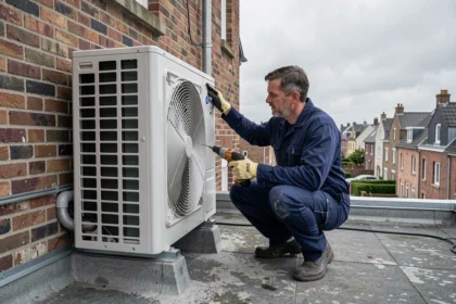Installateur de climatisation professionnel inspectant une unité extérieure sur un toit dans le Pas-de-Calais