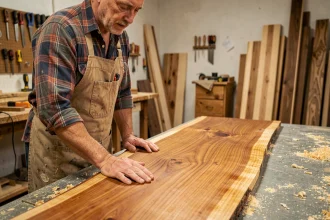 Menuisier inspectant un panneau de bois exotique teck dans un atelier artisanal
