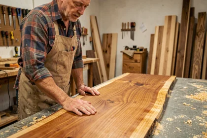 Menuisier inspectant un panneau de bois exotique teck dans un atelier artisanal