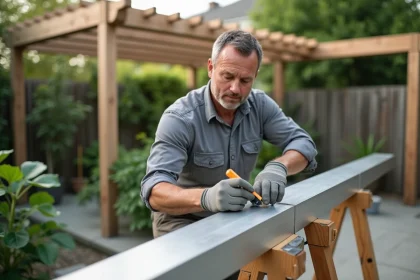 Artisan mesurant un tube en aluminium pour la construction d'une pergola dans un jardin