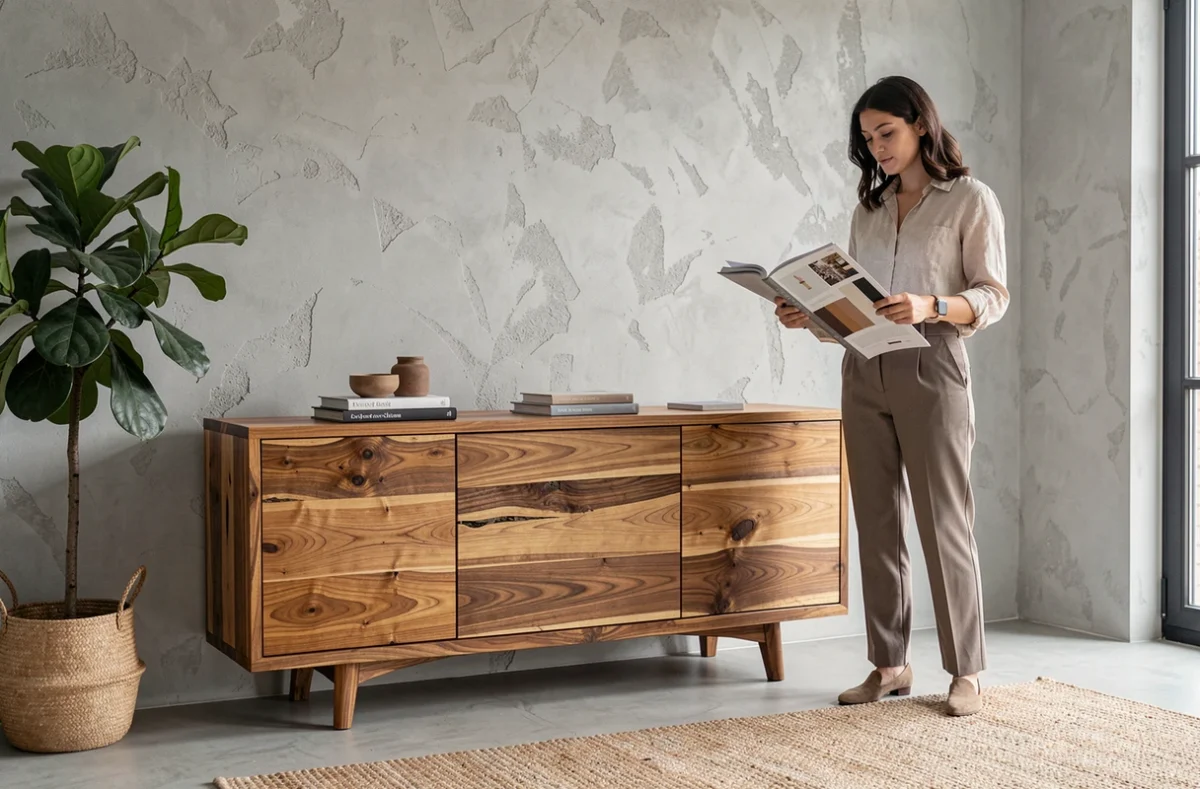 Femme choisissant un meuble en bois exotique iroko dans un salon scandinave moderne
