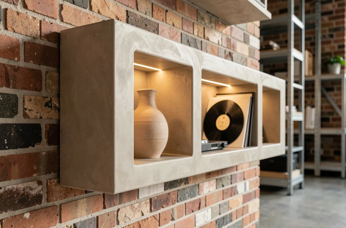 Gros plan sur meuble TV en plâtre design encastré dans un mur de briques apparentes dans un appartement loft industriel