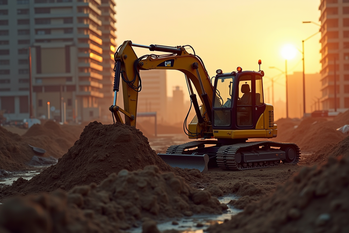 Mini excavator en action au lever du soleil sur un chantier urbain
