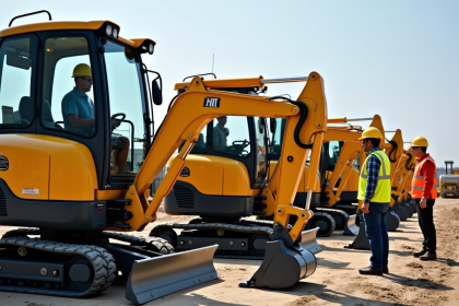 Ligne de mini excavateurs de marques différentes sur un chantier