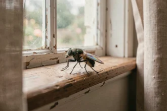 Mouche posée sur le rebord d'une fenêtre en bois dans une maison rustique, gros plan macro avec détails des ailes iridescentes