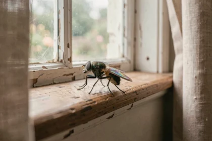 Mouche posée sur le rebord d'une fenêtre en bois dans une maison rustique, gros plan macro avec détails des ailes iridescentes