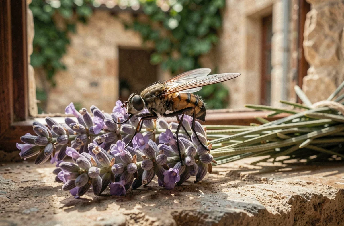 Mouche posée sur un bouquet de lavande séchée sur un rebord de pierre, maison provençale, gros plan macro réaliste