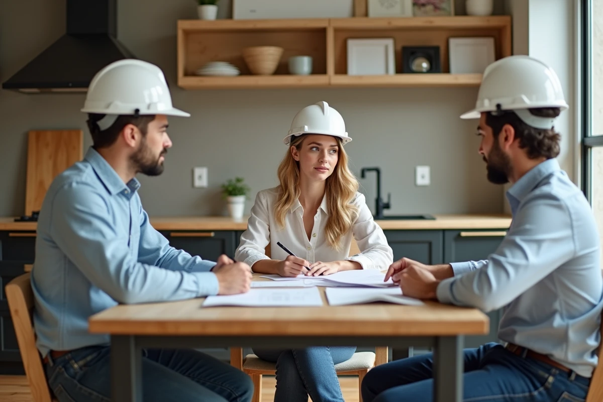 Jeune femme discutant avec artisans autour d