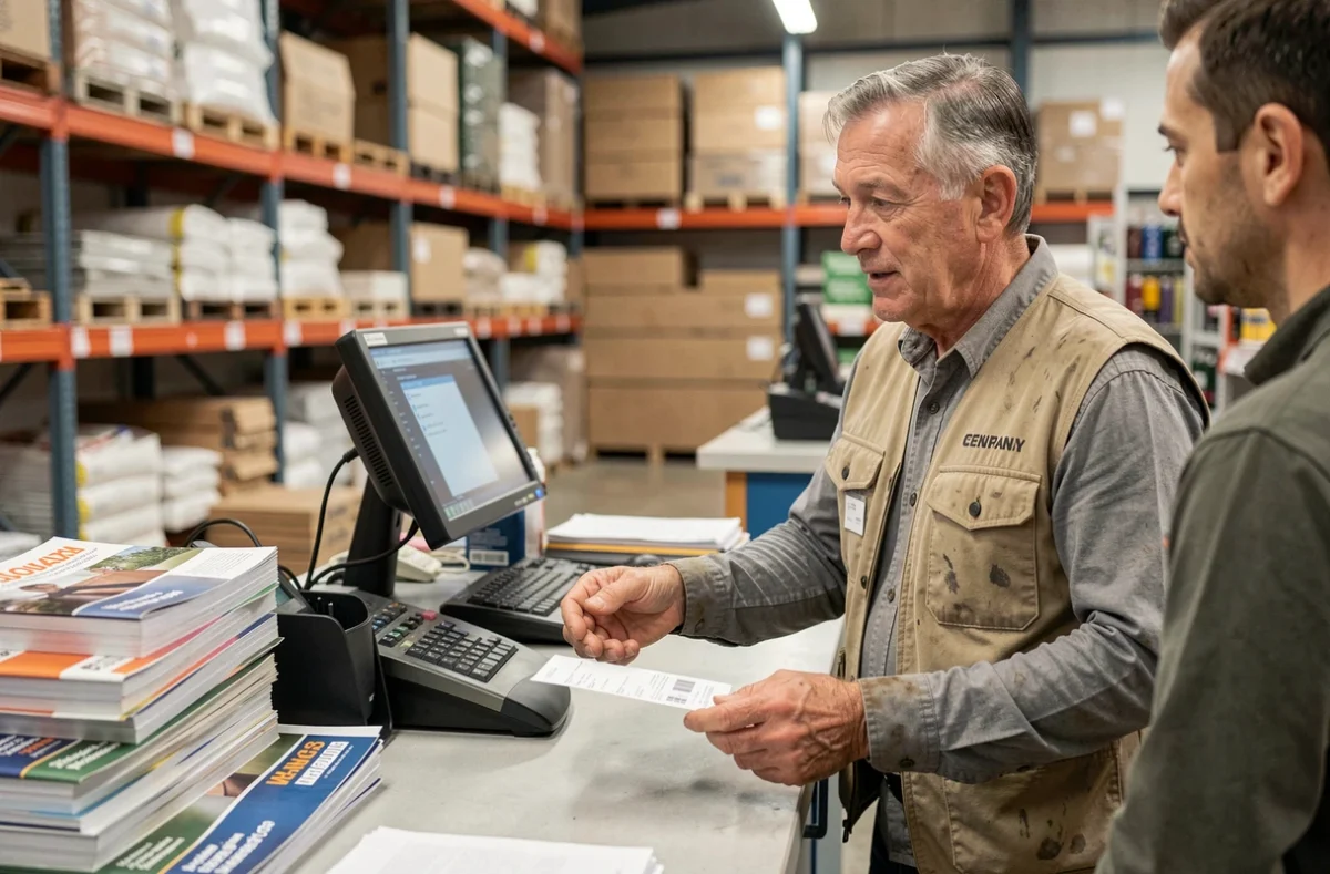 Artisan négociant le prix de ses achats au comptoir d'un magasin de bricolage professionnel