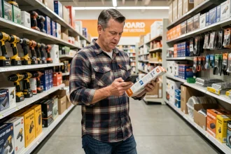 Homme comparant des prix de produits dans un grand magasin de bricolage avec son smartphone