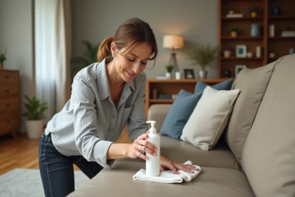 Femme appliquant un nettoyant pour canapé en cuir beige avec un chiffon microfibre dans un salon moderne