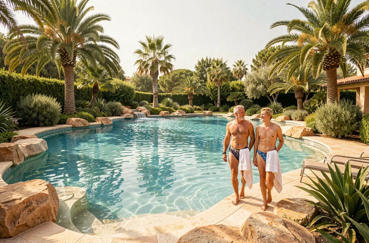 Piscine style lagon avec entrée en pente douce et rochers naturels dans un grand jardin résidentiel avec palmiers en Occitanie