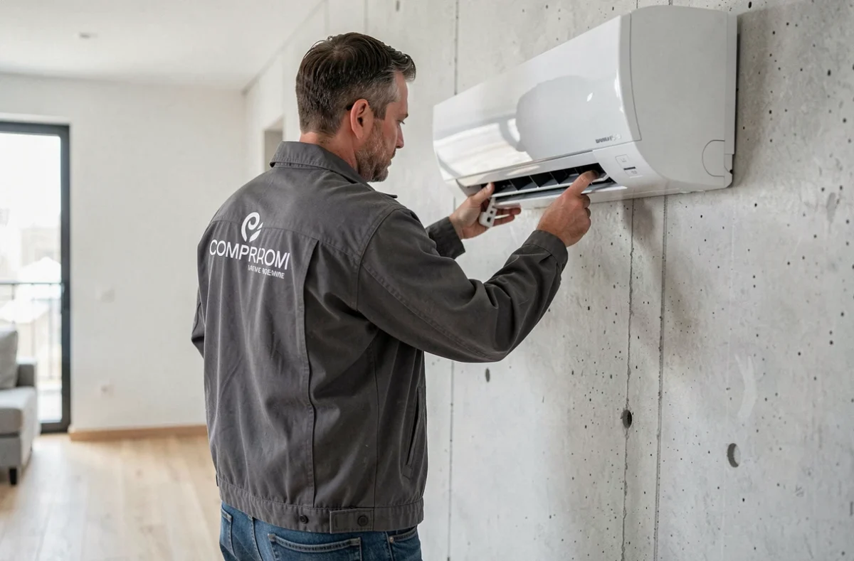 Technicien ONSENOCCUPE installant un support de climatisation dans un appartement moderne