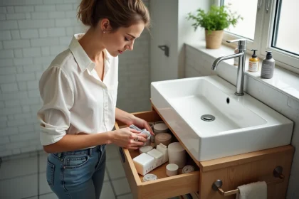 Femme organisant des produits dans un meuble en bois moderne