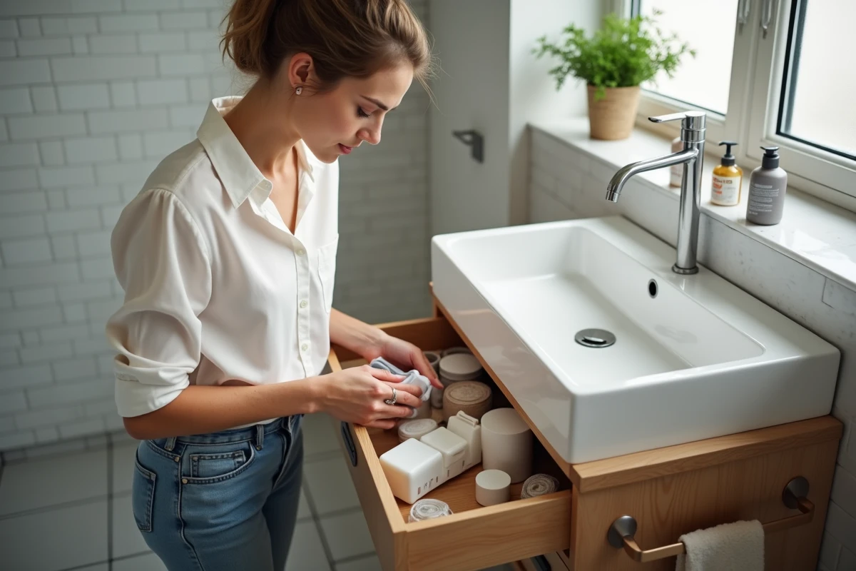 Femme organisant des produits dans un meuble en bois moderne