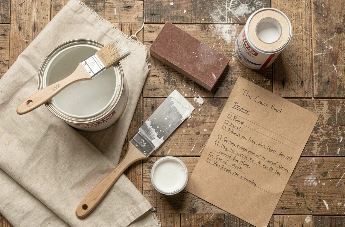 Vue aérienne des outils de préparation du support pour peinture blanche : rouleau, enduit, spatule, apprêt, papier de verre et ruban de masquage disposés sur un parquet