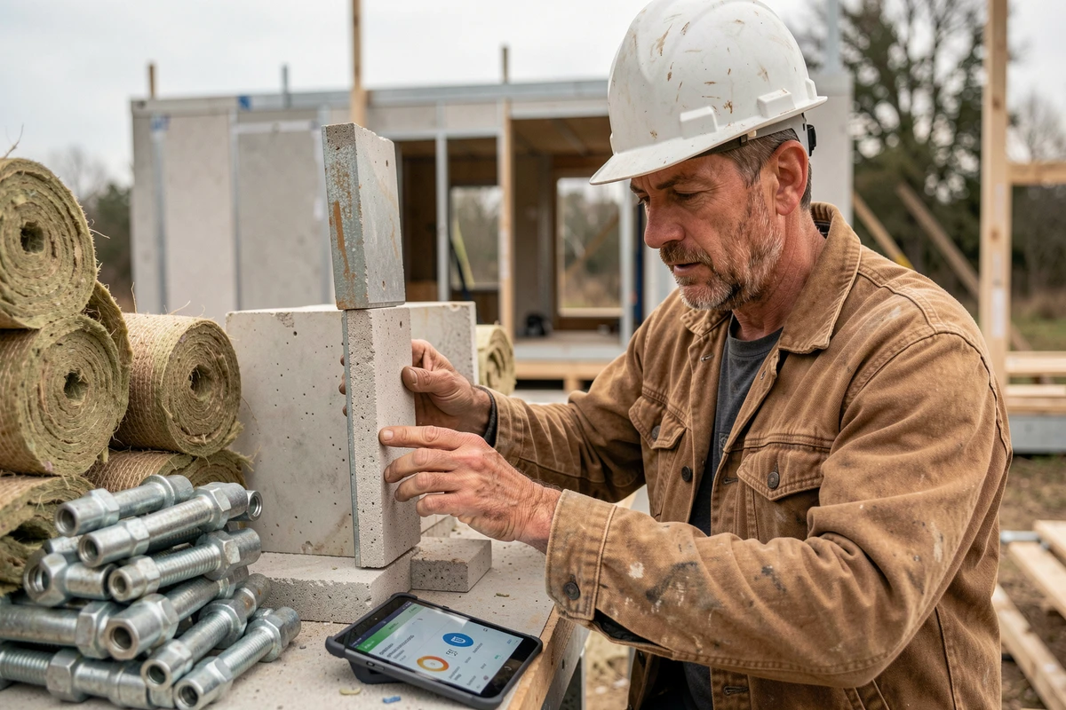 Ouvrier assemblant des panneaux isolants préfabriqués sur un chantier de construction modulaire écologique
