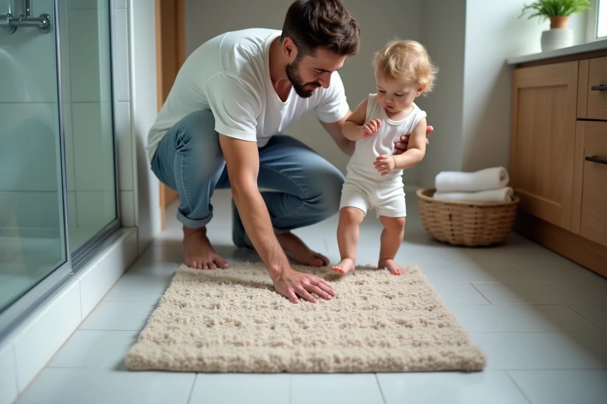 Père et enfant sur un tapis antidérapant dans la salle de bain familiale