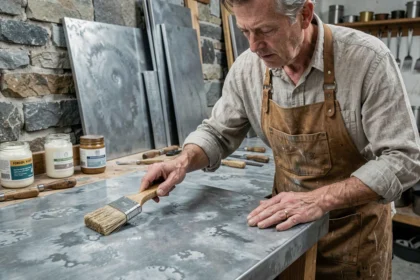 Artisan appliquant une finition patine alimentaire sur un plan de travail en zinc dans un atelier professionnel