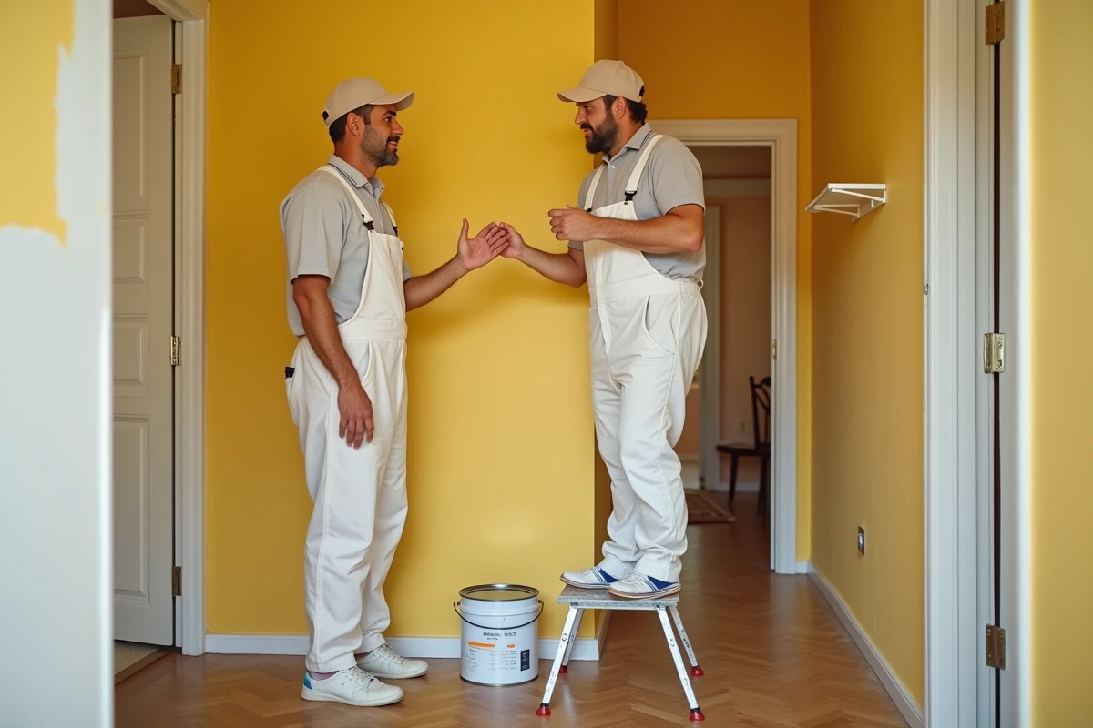 Peintre professionnel devant un mur fraîchement peint avec un outil d'estimation de prix visible sur smartphone