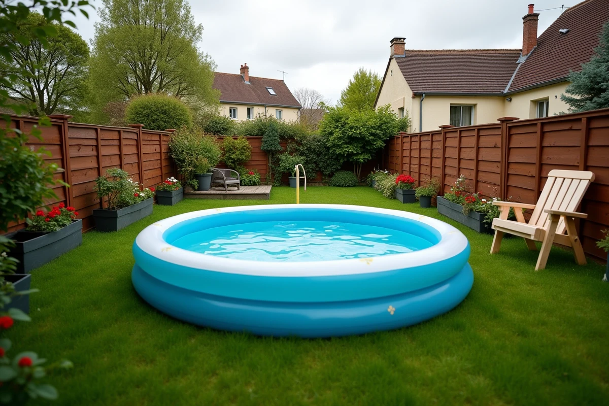 Petite piscine gonflable dans un jardin résidentiel français illustrant les critères de non-imposition selon la surface