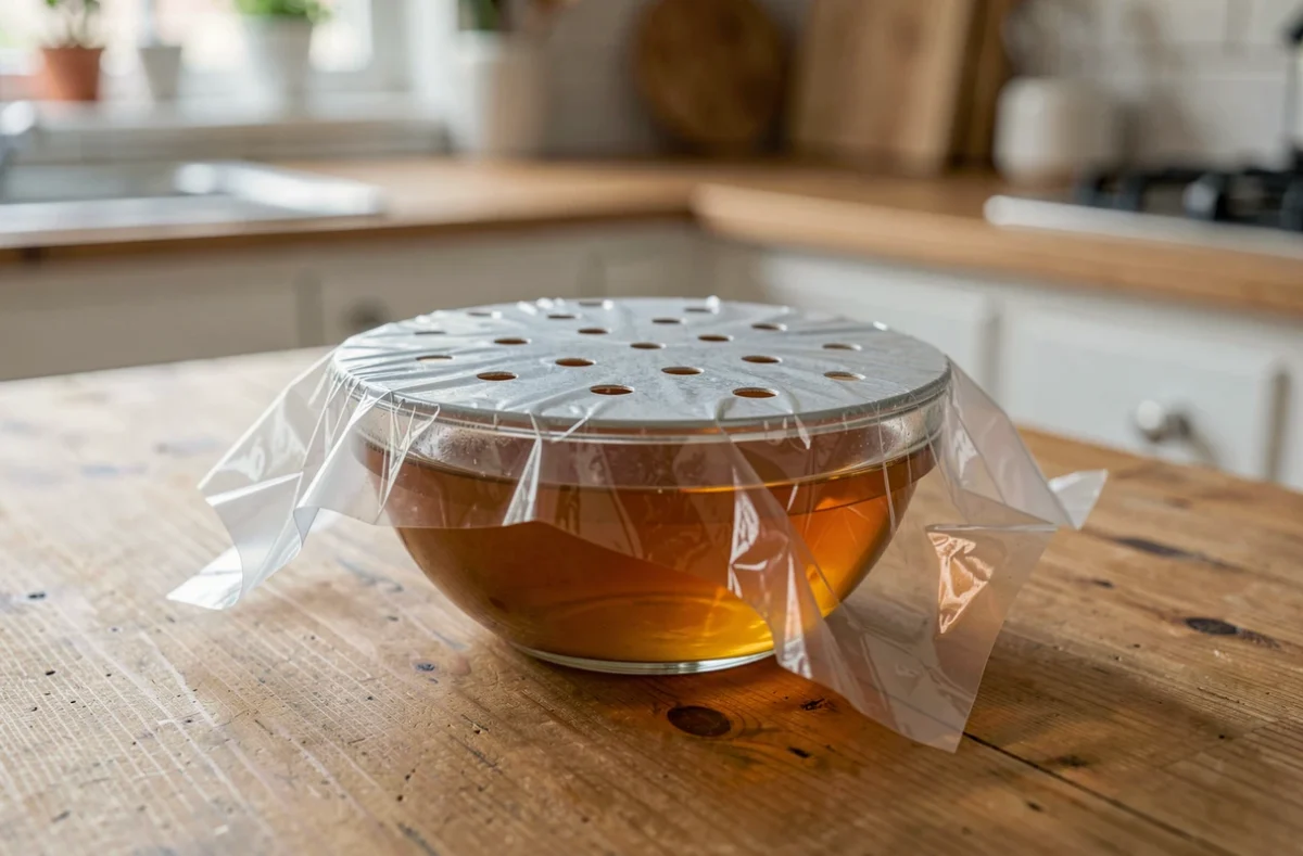 Piège au vinaigre de cidre dans un bol recouvert de film percé