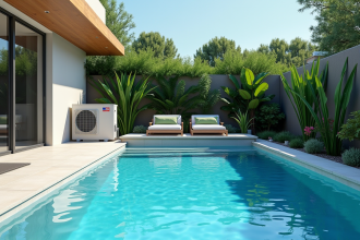 Piscine moderne avec pompe à chaleur dans le jardin en plein jour