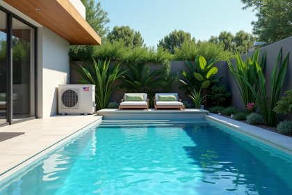 Piscine moderne avec pompe à chaleur dans le jardin en plein jour